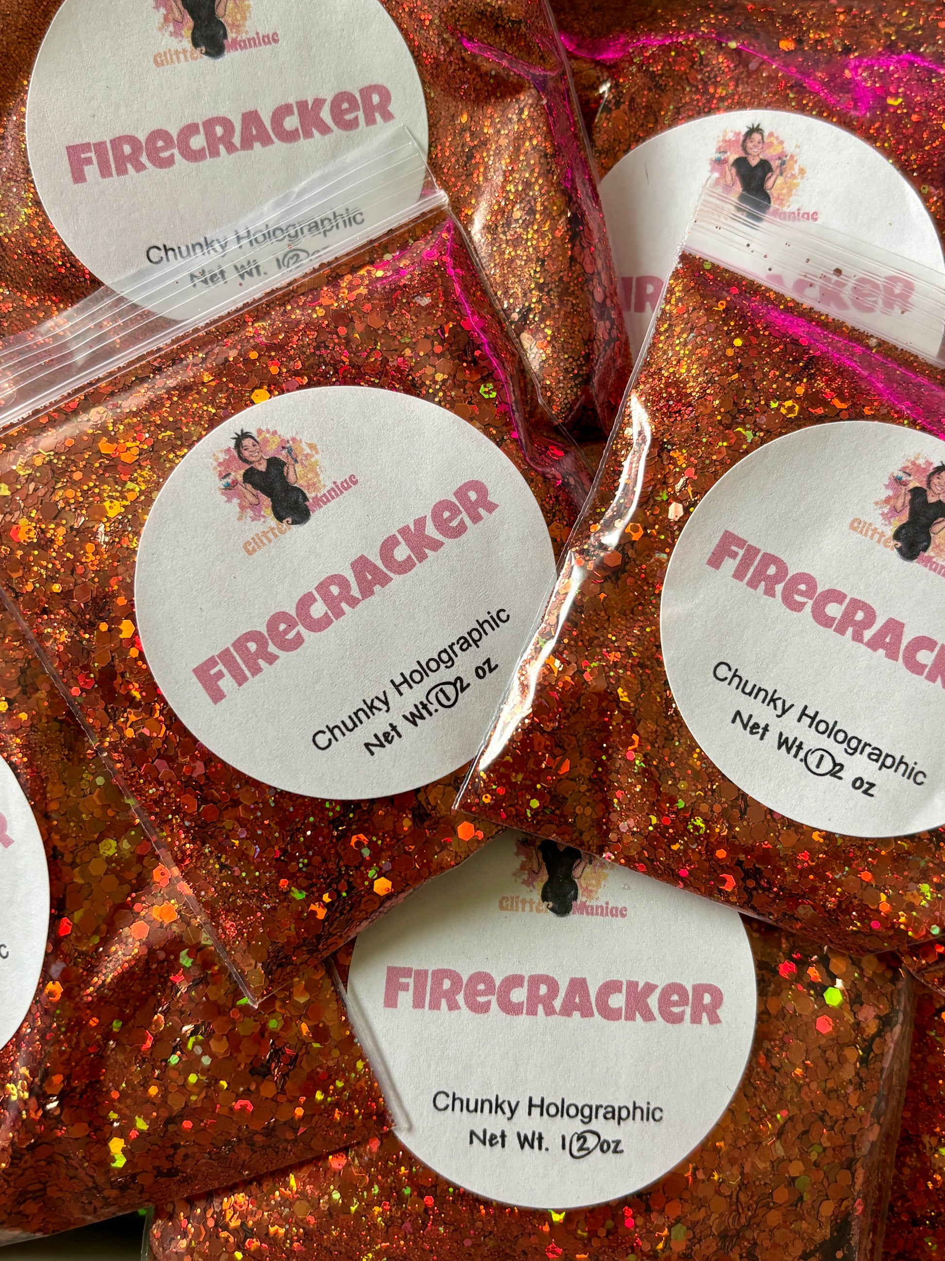 Fire cracker/ Orangish Brownish Chunky Holographic image 0
