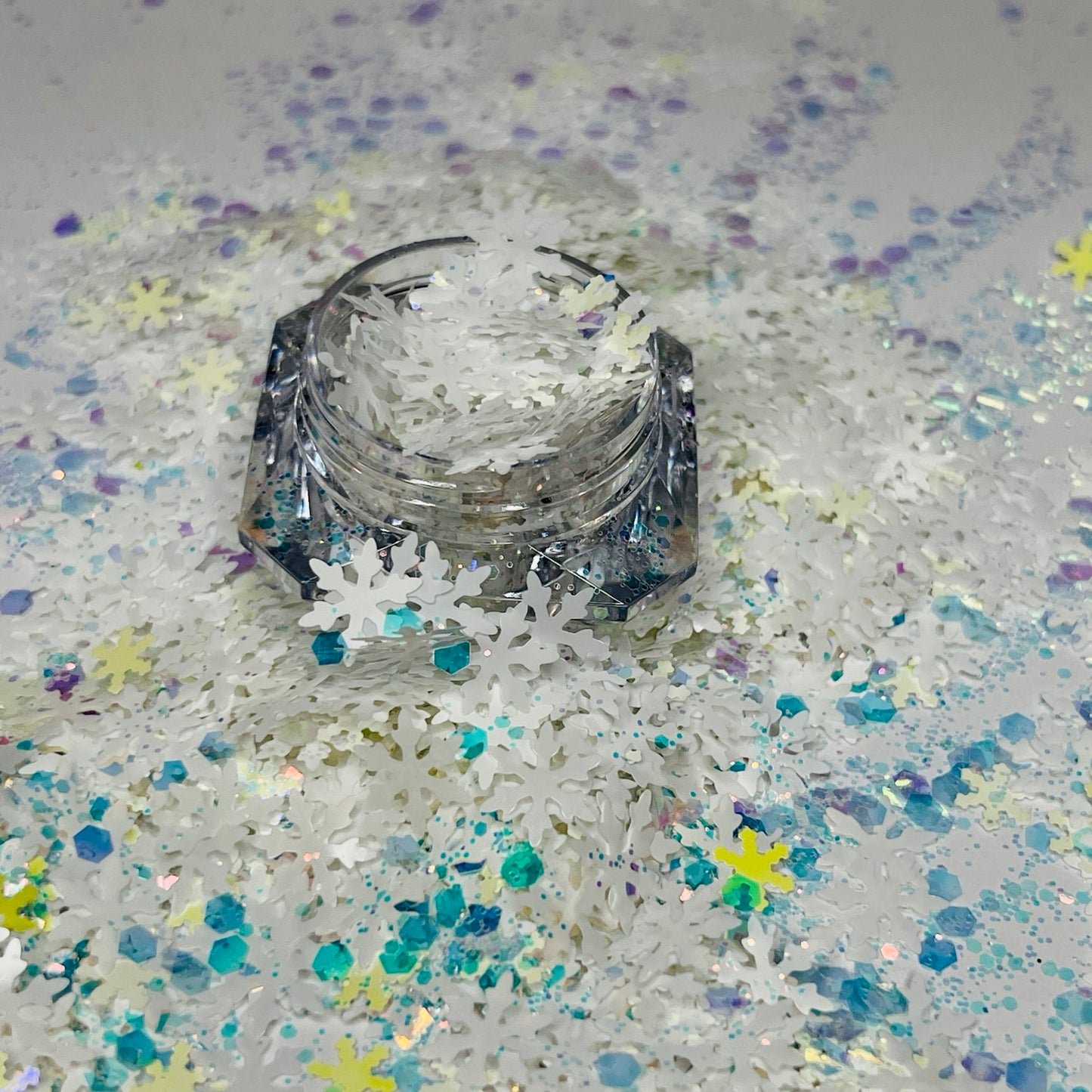 North Pole/White Snowflake Shape Glitter with Yellow and Green Specks image 1