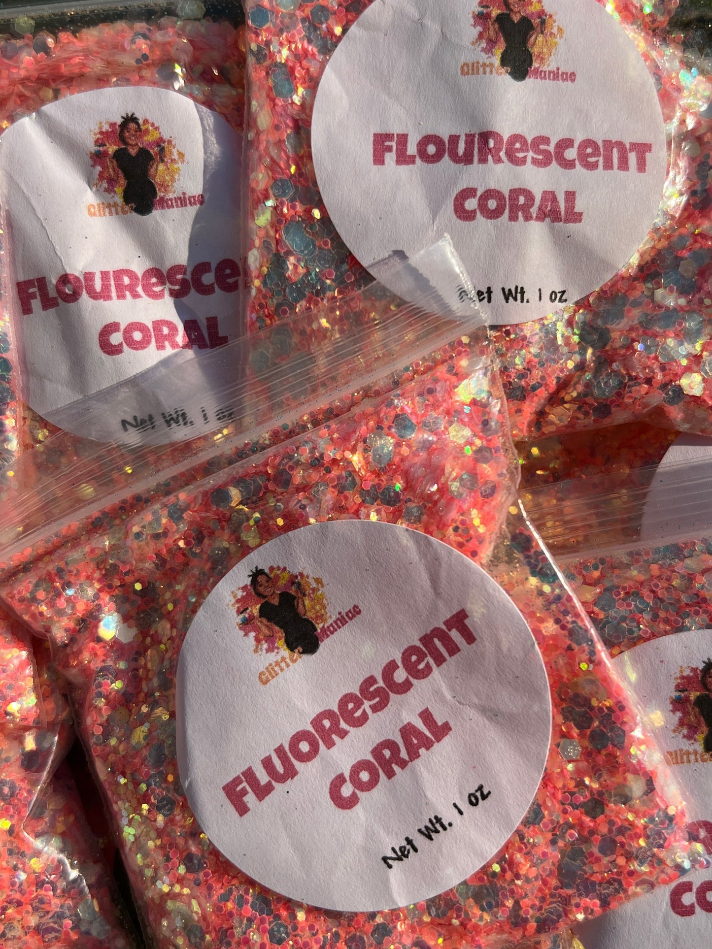 Fluorescent Coral/Glow in the dark glitter/ Iridescent chunky glitter image 0